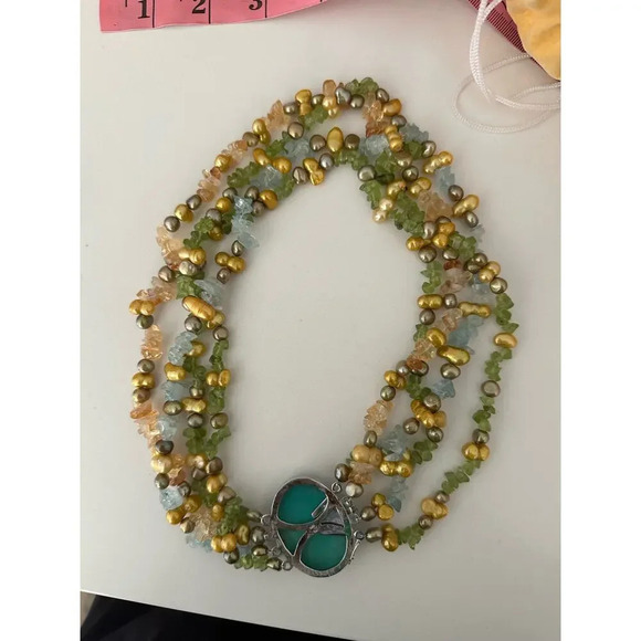 Multi-Stone Beaded Necklace w/ Turquoise Center, Green, Gold & Citrine natural - Picture 4 of 7